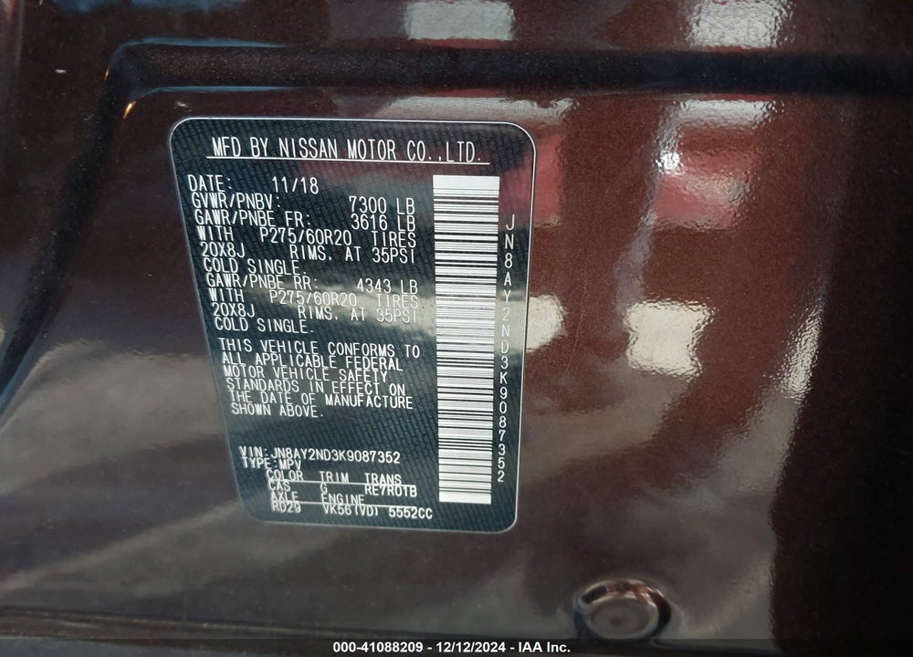 2019 NISSAN ARMADA SL VIN: JN8AY2ND3K9087352