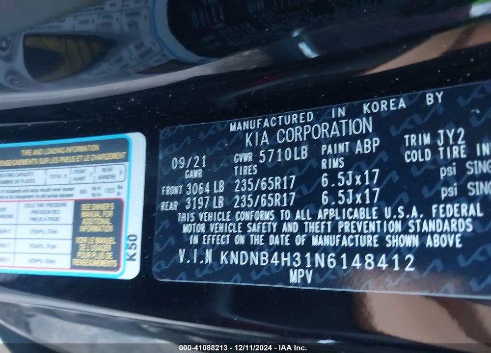 2022 KIA CARNIVAL MPV LX SEAT PACKAGE VIN: KNDNB4H31N6148412