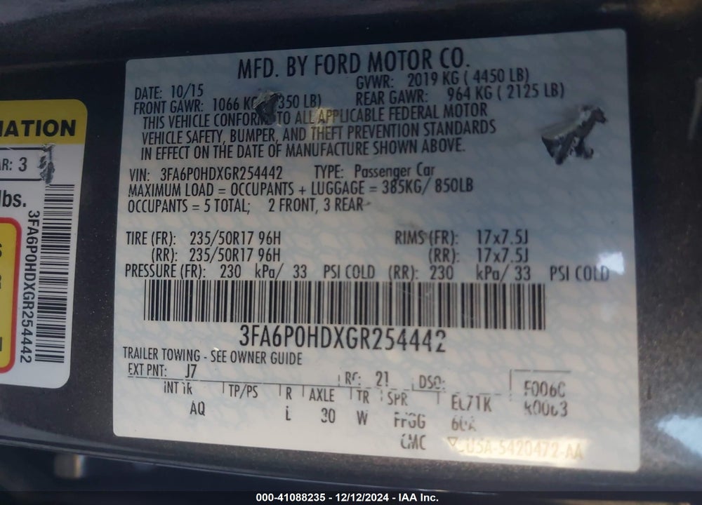2016 FORD FUSION SE VIN: 3FA6P0HDXGR254442