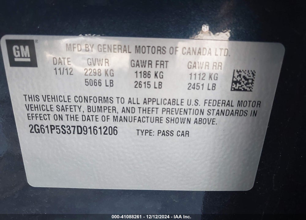 2013 CADILLAC XTS LUXURY VIN: 2G61P5S37D9161206