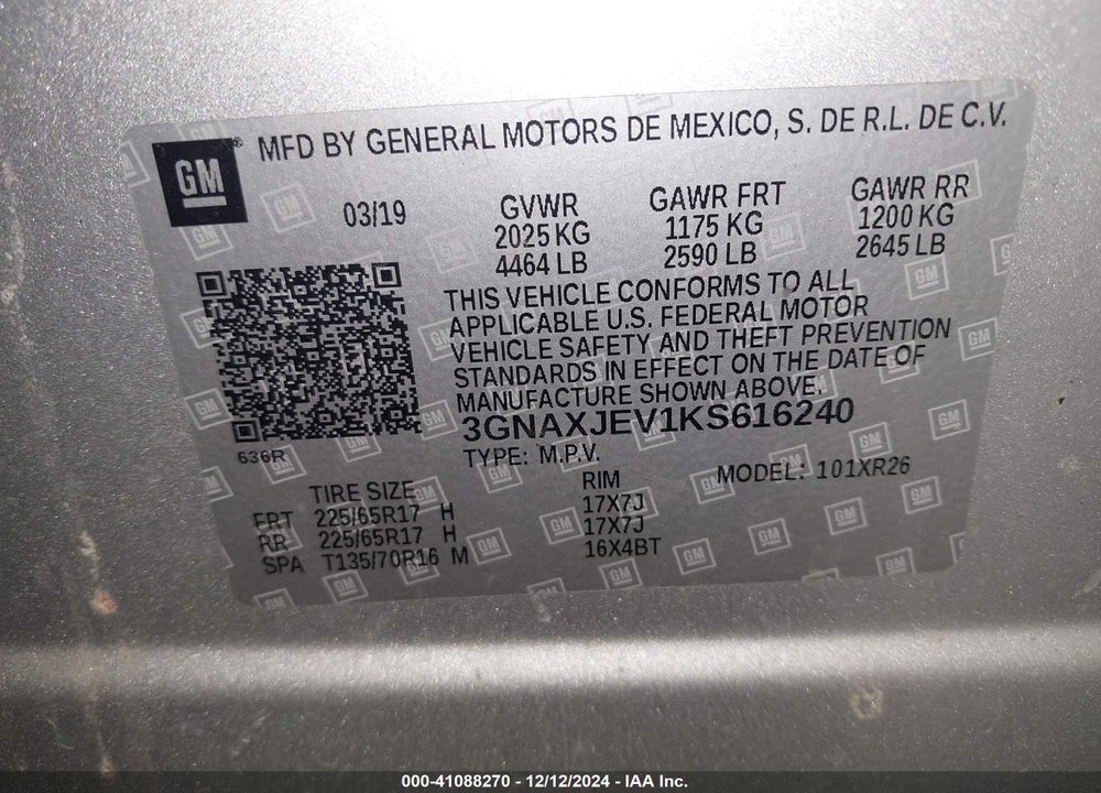 2019 CHEVROLET EQUINOX LT VIN: 3GNAXJEV1KS616240
