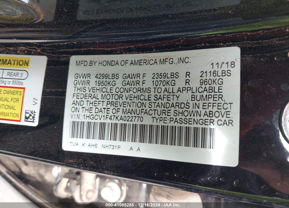 2019 HONDA ACCORD VIN: 1HGCV1F47KA022770