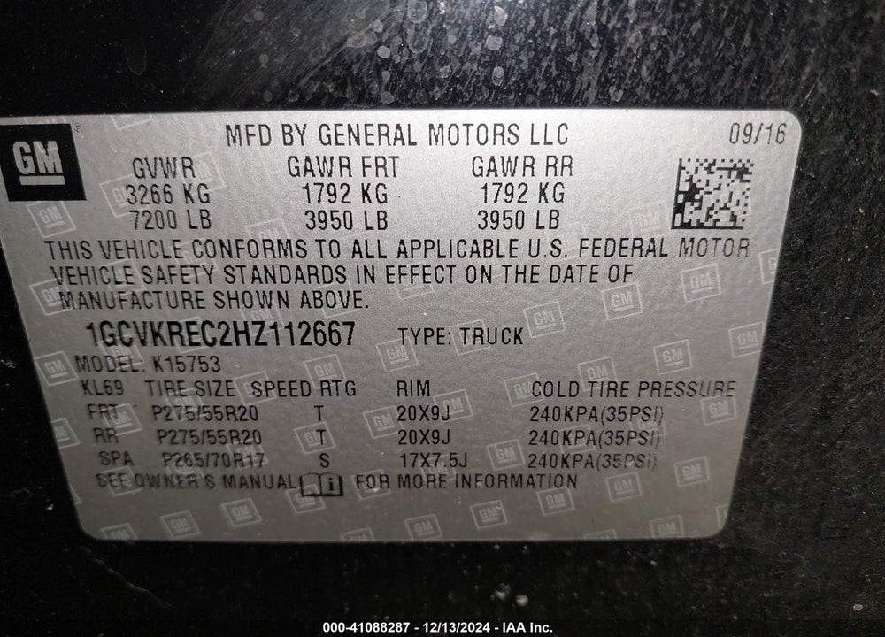2017 CHEVROLET SILVERADO VIN: 1GCVKREC2HZ112667