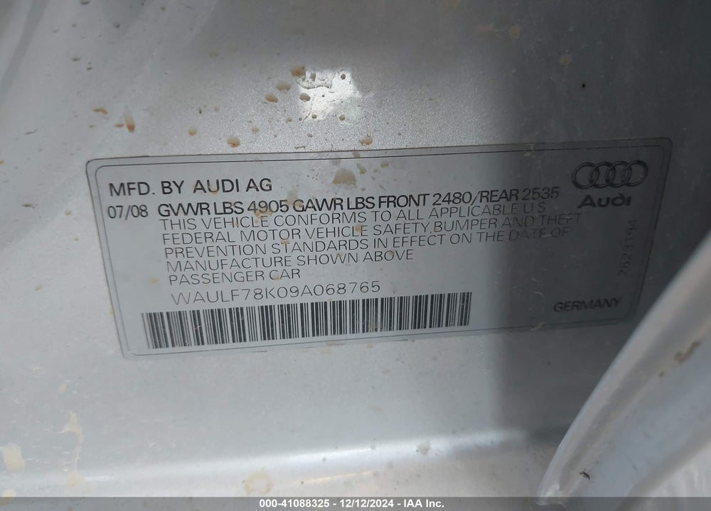 2009 AUDI A4 2.0T PREMIUM VIN: WAULF78K09A068765