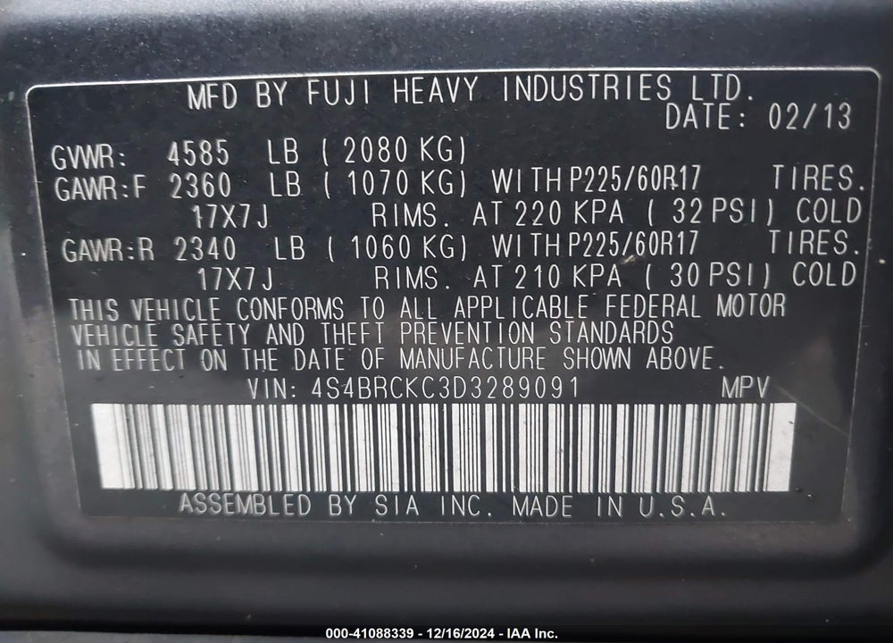 2013 SUBARU OUTBACK 2.5I LIMITED VIN: 4S4BRCKC3D3289091