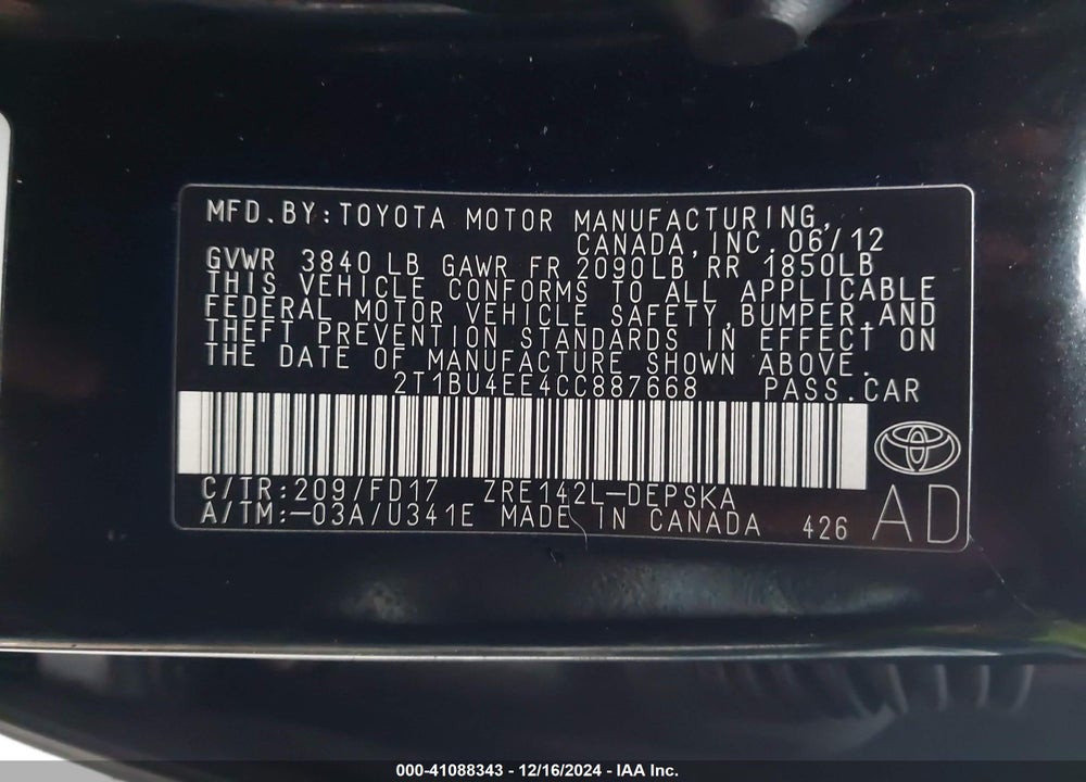2012 TOYOTA COROLLA S VIN: 2T1BU4EE4CC887668
