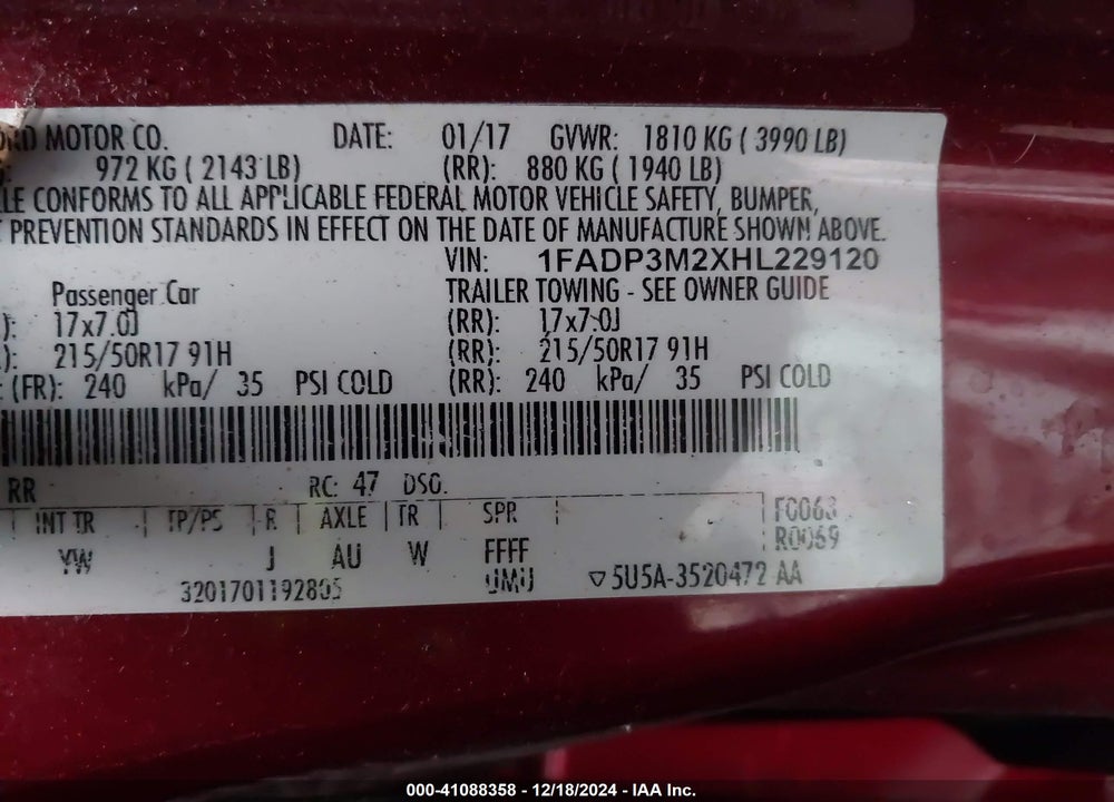 2017 FORD FOCUS SEL VIN: 1FADP3M2XHL229120