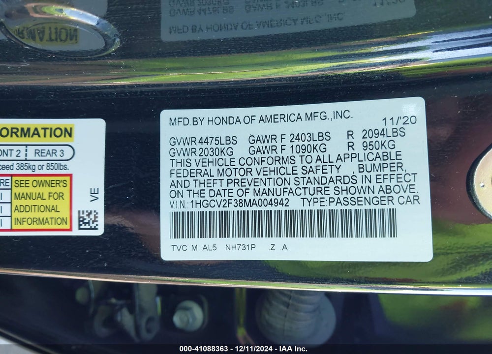 2021 HONDA ACCORD SPORT 2.0T VIN: 1HGCV2F38MA004942