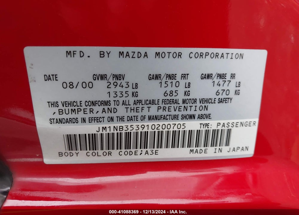 2001 MAZDA MX-5 MIATA LS/SPECIAL EDITION VIN: JM1NB353910200705