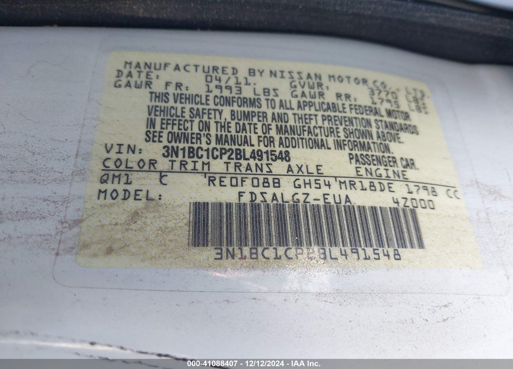 2011 NISSAN VERSA 1.8SL VIN: 3N1BC1CP2BL491548