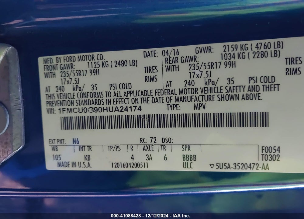 2017 FORD ESCAPE SE VIN: 1FMCU0G90HUA24174