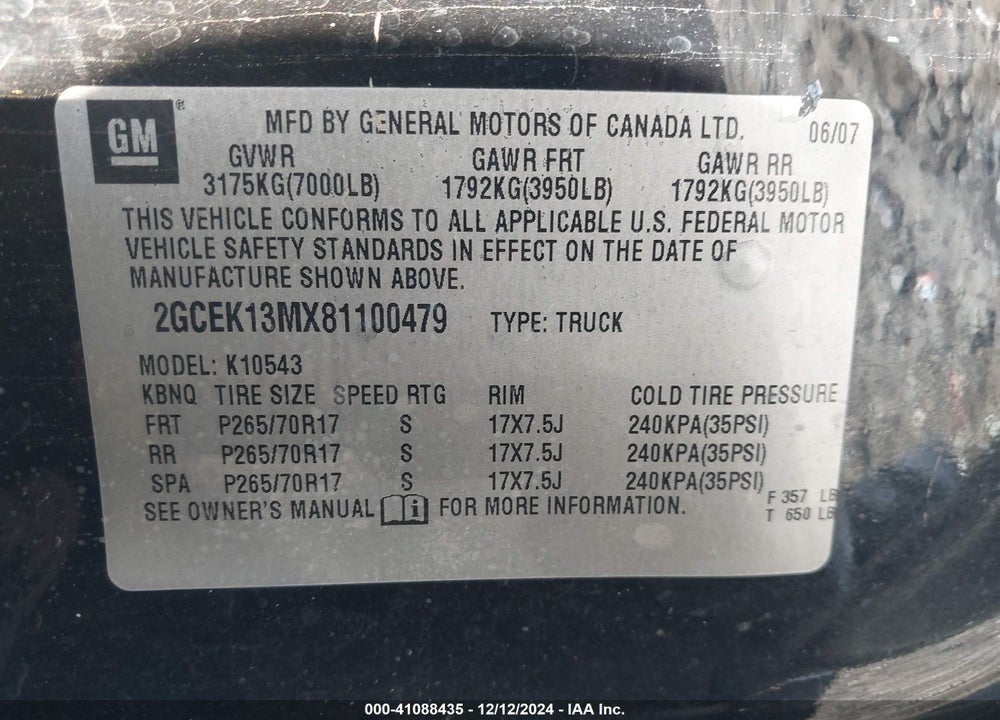 2008 CHEVROLET SILVERADO 1500 LT1 VIN: 2GCEK13MX81100479