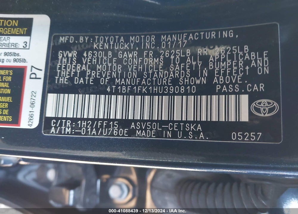 2017 TOYOTA CAMRY SE VIN: 4T1BF1FK1HU390810