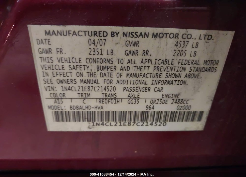 2007 NISSAN ALTIMA HYBRID VIN: 1N4CL21E87C214520