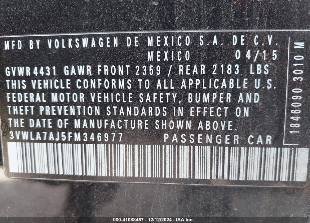 2015 VOLKSWAGEN JETTA VIN: 3VWLA7AJ5FM346977