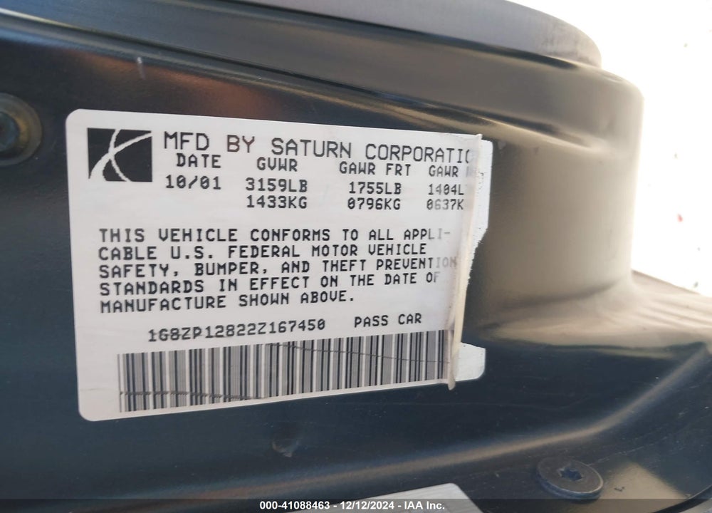 2002 SATURN S-SERIES SC1 VIN: 1G8ZP12822Z167450