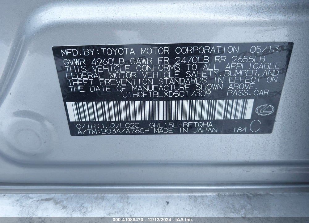 2013 LEXUS GS 350 VIN: JTHCE1BLXD5017309