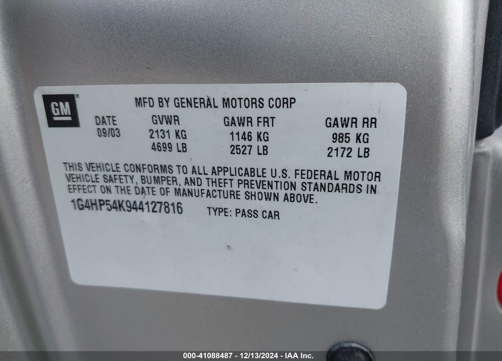 2004 BUICK LESABRE CUSTOM VIN: 1G4HP54K944127816