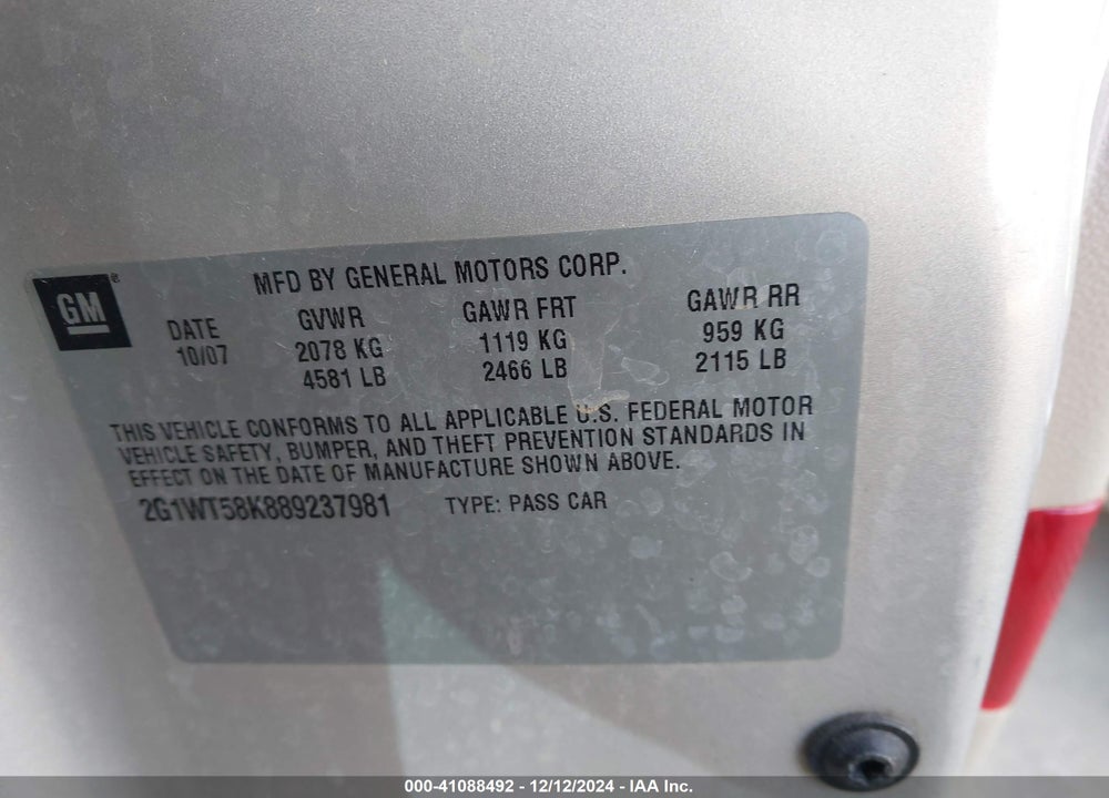 2008 CHEVROLET IMPALA LT VIN: 2G1WT58K889237981
