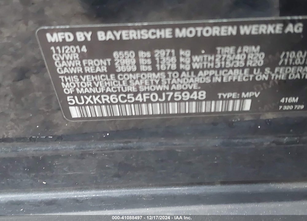 2015 BMW X5 XDRIVE50I VIN: 5UXKR6C54F0J75948