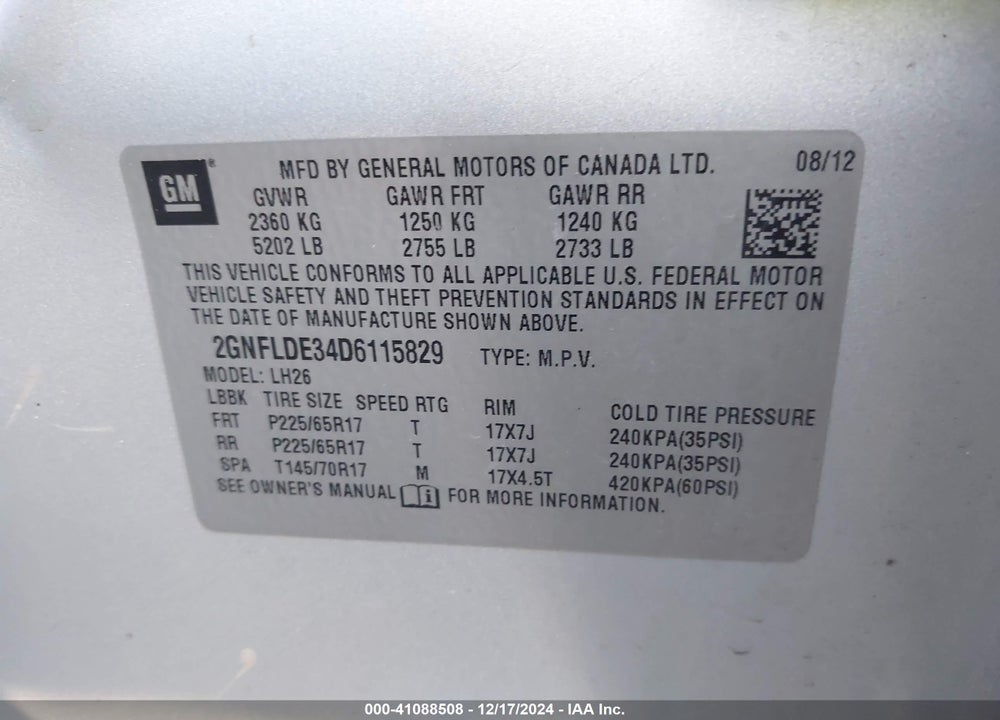 2013 CHEVROLET EQUINOX 1LT VIN: 2GNFLDE34D6115829