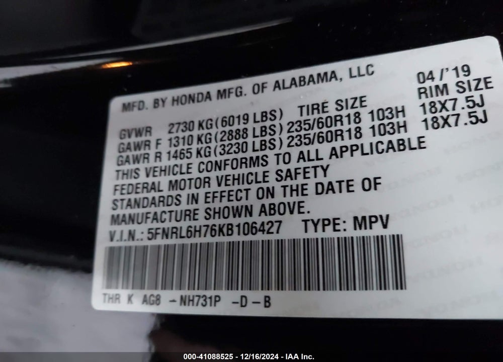 2019 HONDA ODYSSEY EX-L VIN: 5FNRL6H76KB106427