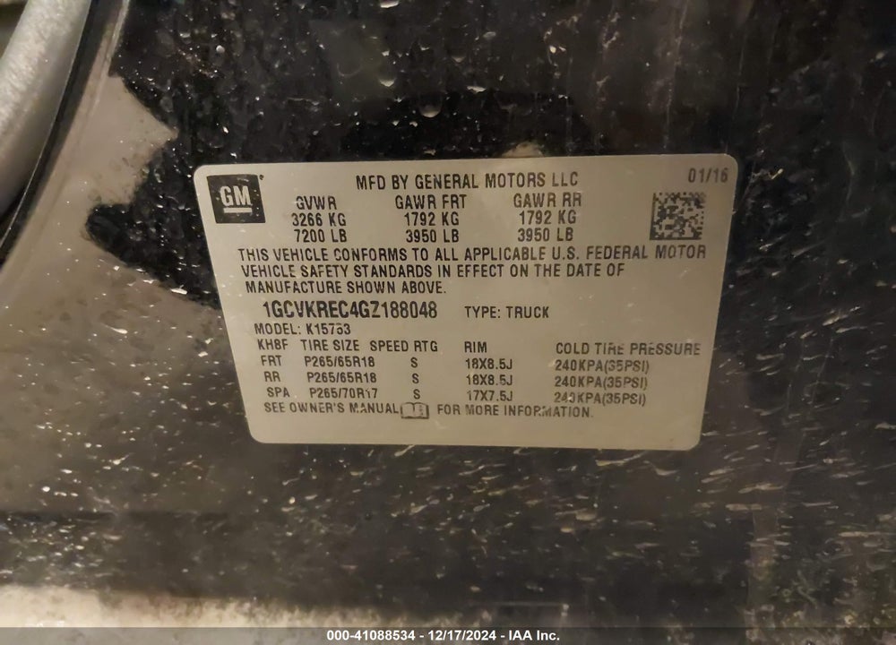 2016 CHEVROLET SILVERADO 1500 VIN: 1GCVKREC4GZ188048
