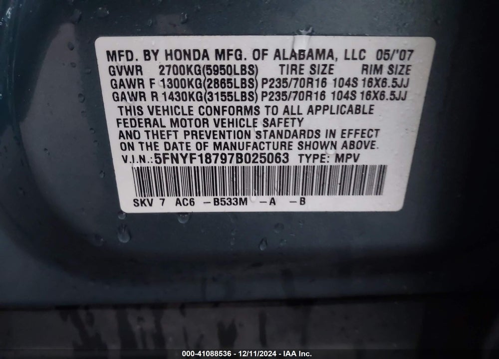 2007 HONDA PILOT EX-L VIN: 5FNYF18797B025063