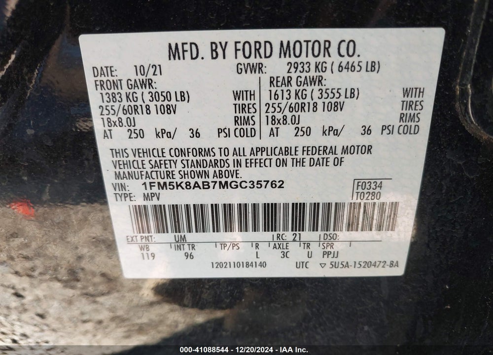 2021 FORD POLICE INTERCEPTOR VIN: 1FM5K8AB7MGC35762