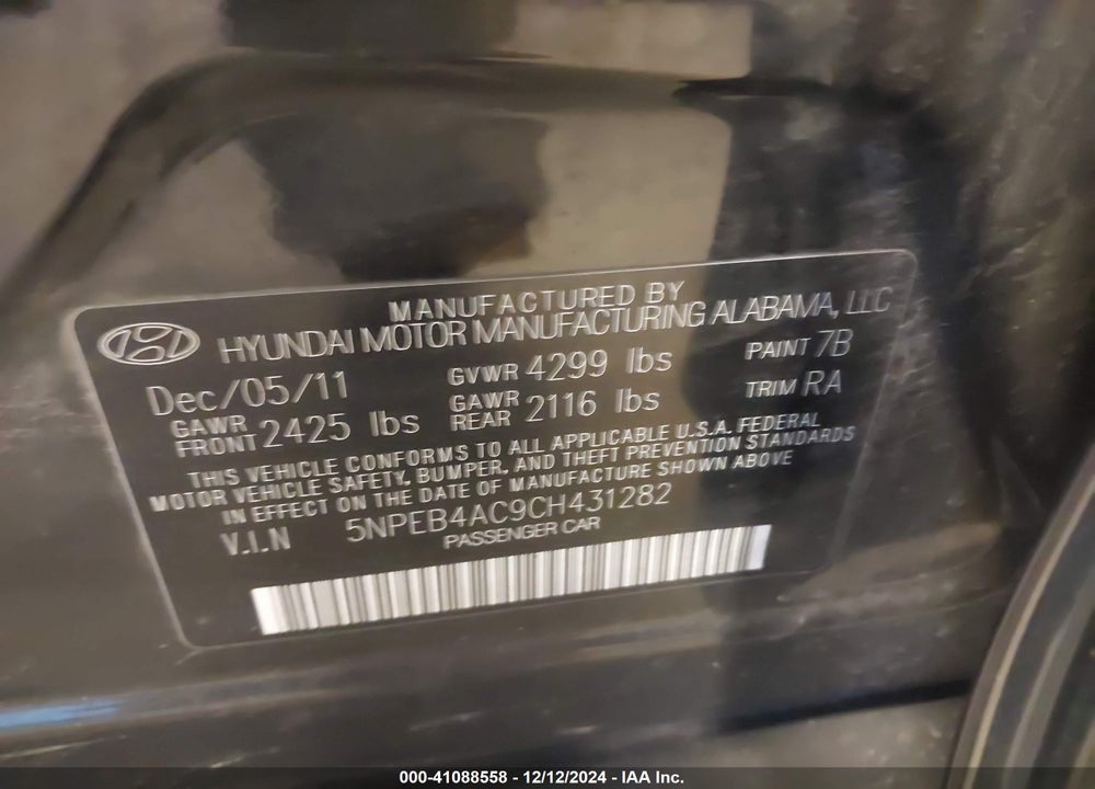2012 HYUNDAI SONATA VIN: 5NPEB4AC9CH431282