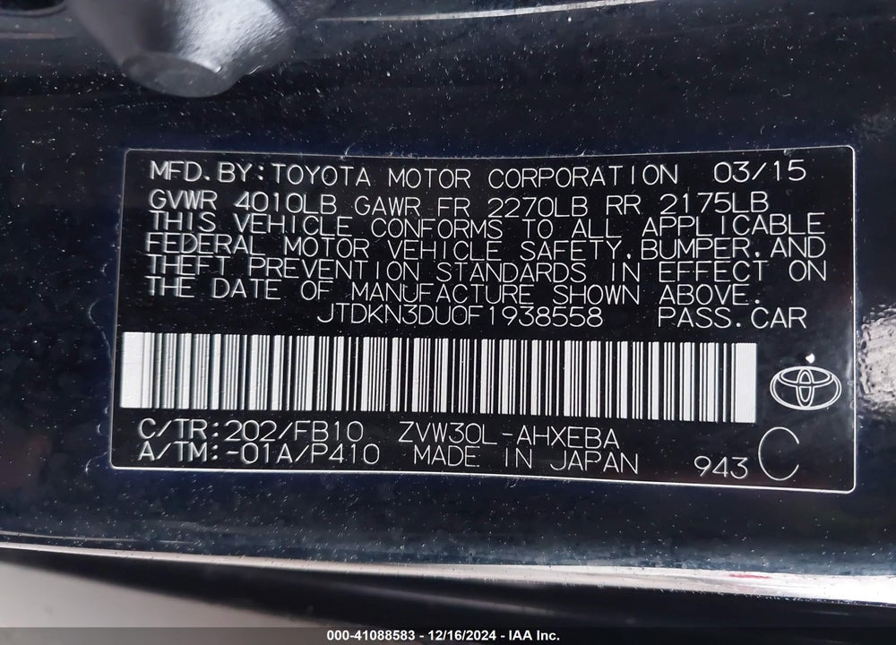 2015 TOYOTA PRIUS TWO VIN: JTDKN3DU0F1938558