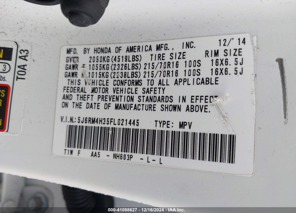 2015 HONDA CR-V VIN: 5J6RM4H35FL021445