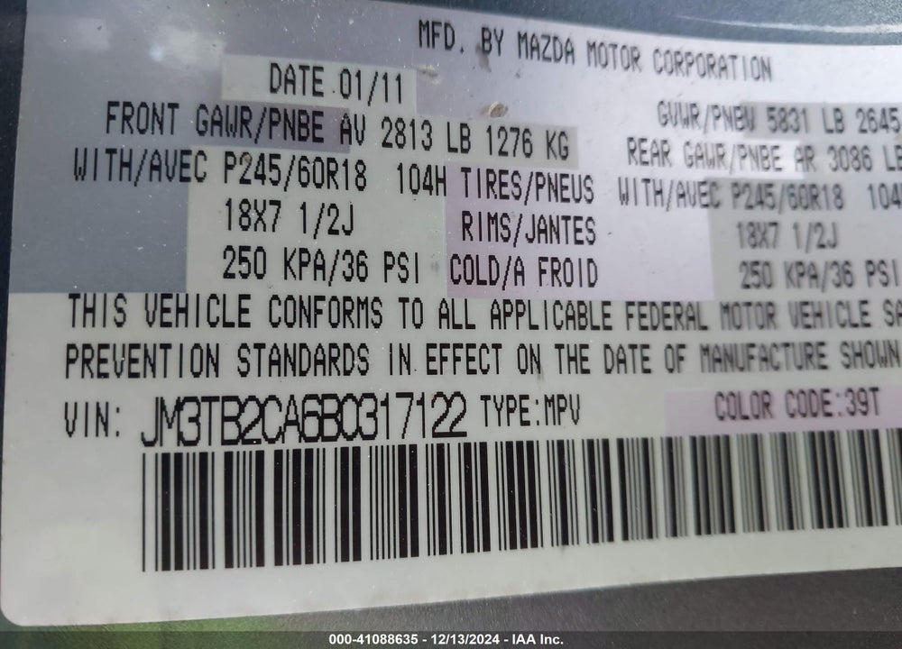 2011 MAZDA CX-9 TOURING VIN: JM3TB2CA6B0317122