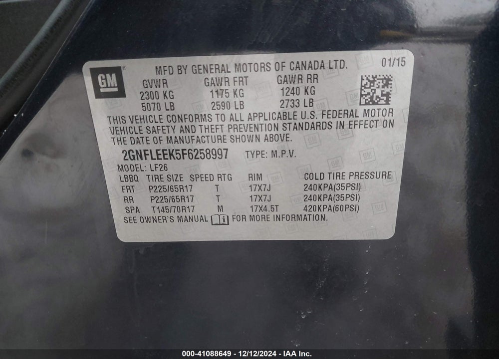 2015 CHEVROLET EQUINOX LS VIN: 2GNFLEEK5F6258997