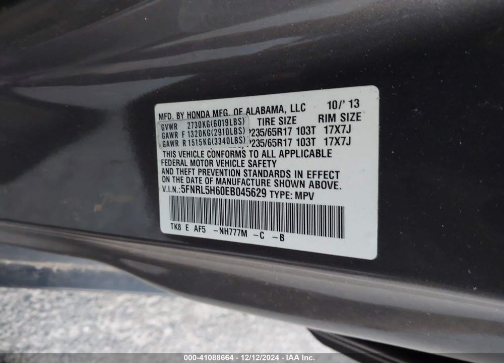 2014 HONDA ODYSSEY EX-L VIN: 5FNRL5H60EB045629