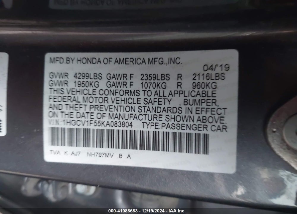 2019 HONDA ACCORD EX-L VIN: 1HGCV1F55KA083804