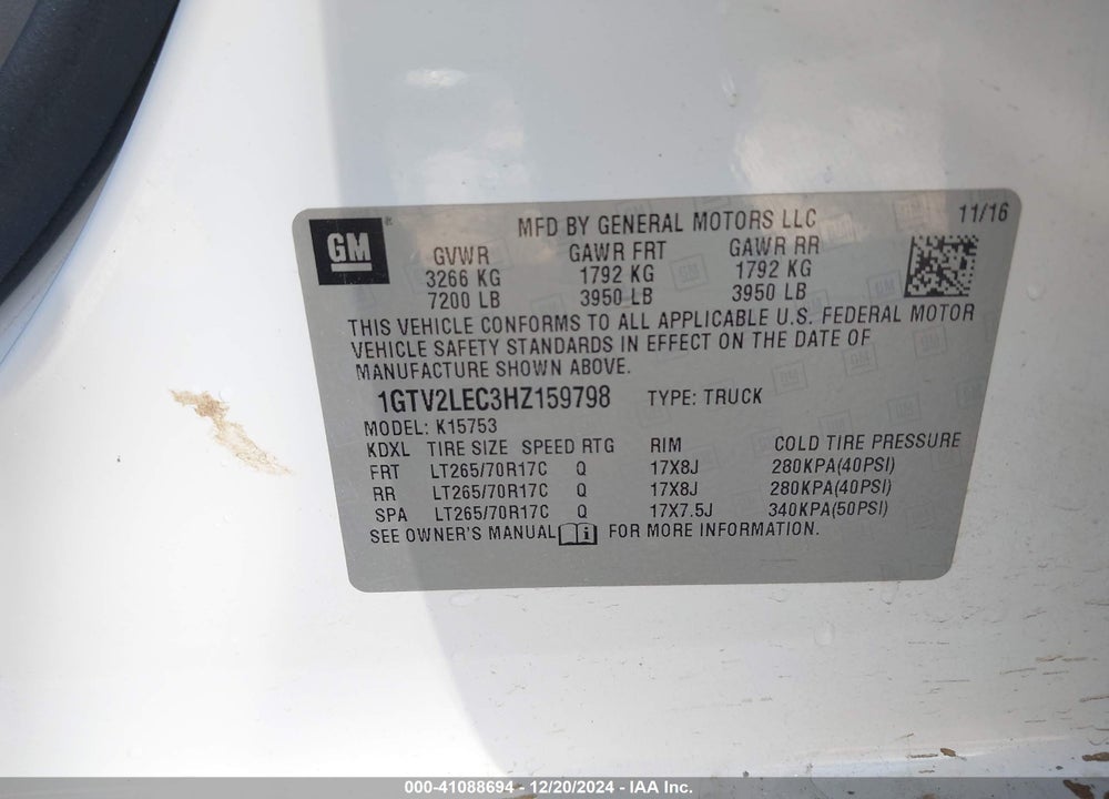 2017 GMC SIERRA 1500 VIN: 1GTV2LEC3HZ159798