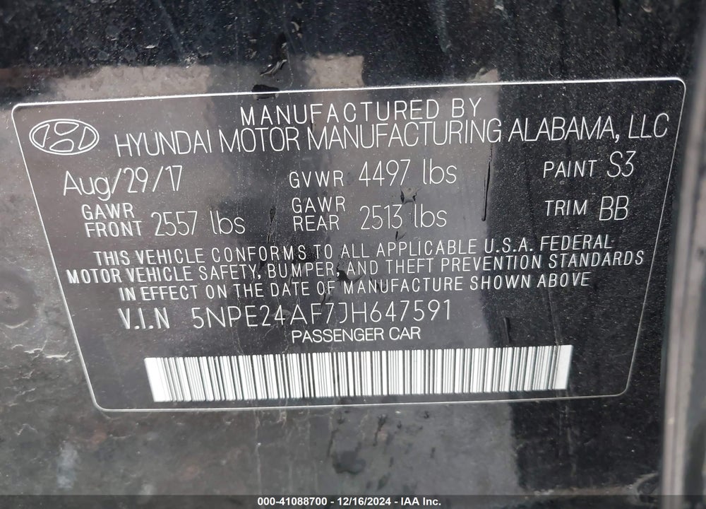 2018 HYUNDAI SONATA SE VIN: 5NPE24AF7JH647591