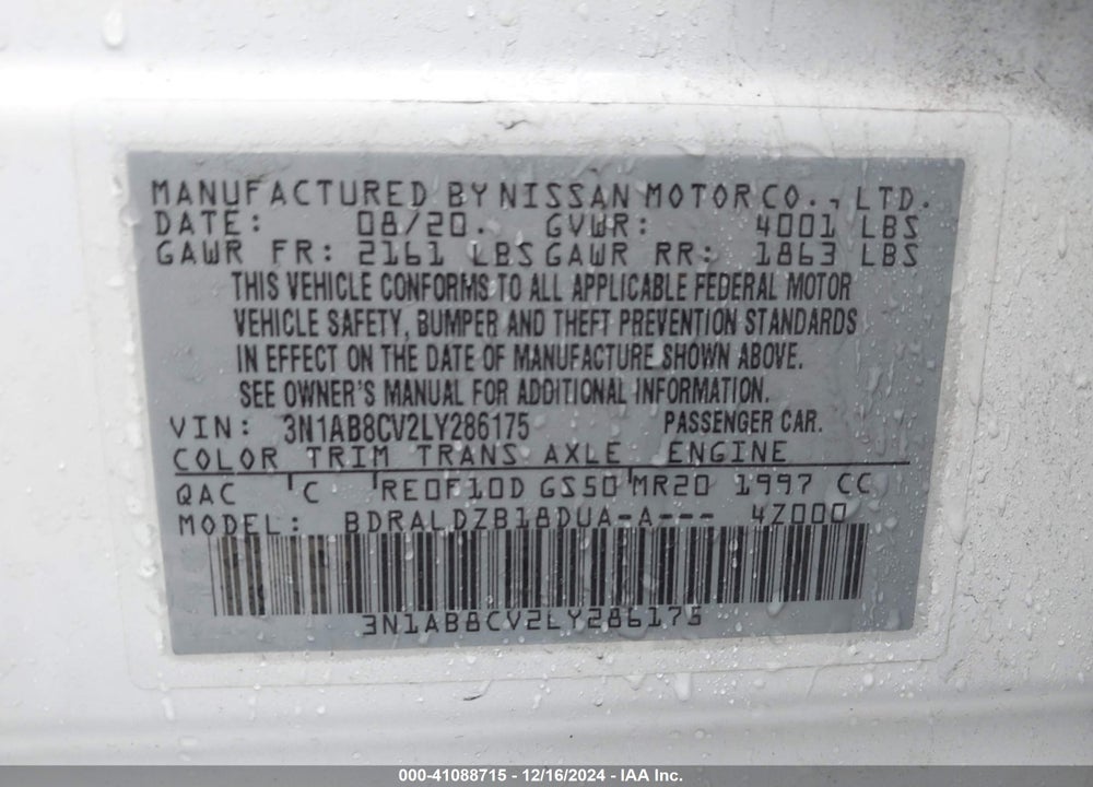 2020 NISSAN SENTRA SV XTRONIC CVT VIN: 3N1AB8CV2LY286175