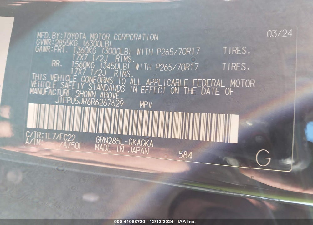 2024 TOYOTA 4RUNNER TRD OFF ROAD VIN: JTEPU5JR6R6267629
