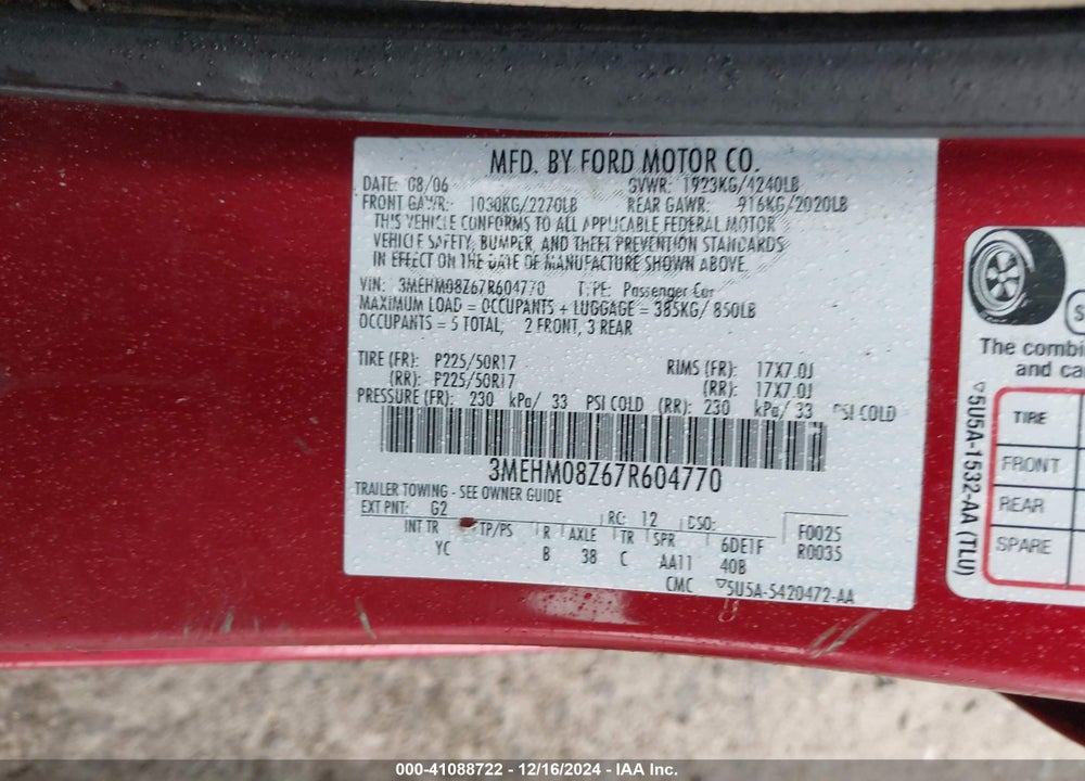 2007 MERCURY MILAN I4 PREMIER VIN: 3MEHM08Z67R604770
