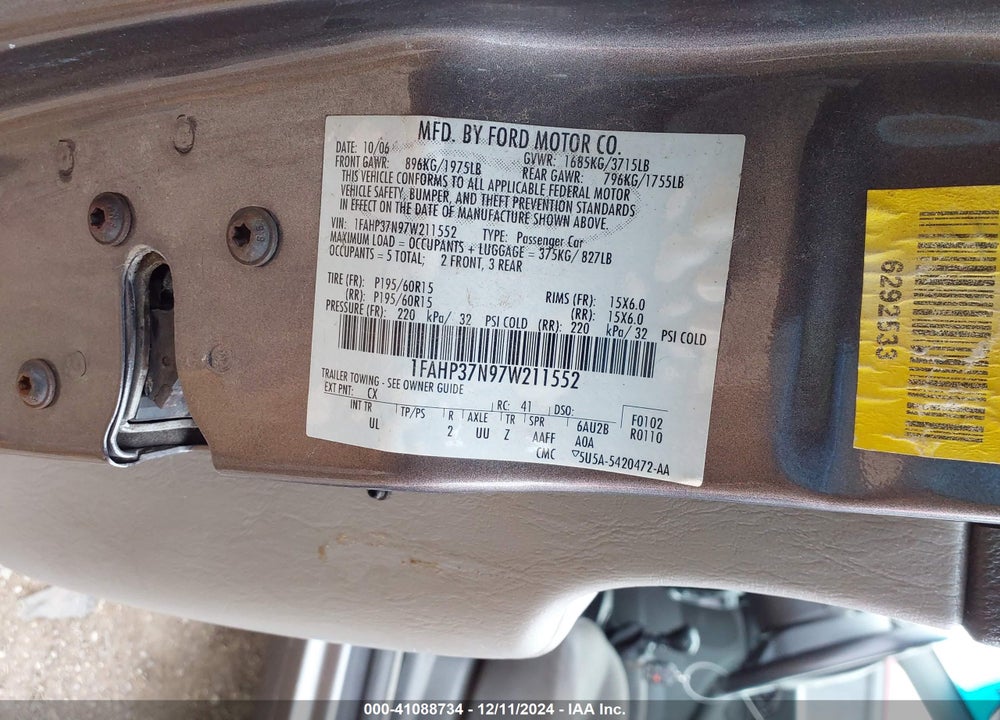 2007 FORD FOCUS S/SE/SES VIN: 1FAHP37N97W211552