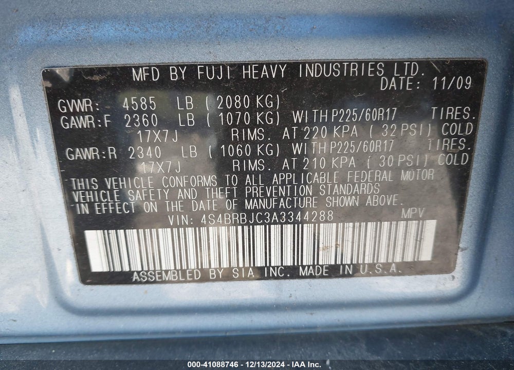 2010 SUBARU OUTBACK 2.5I LIMITED VIN: 4S4BRBJC3A3344288