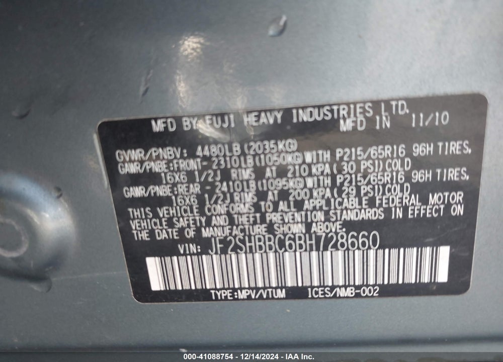 2011 SUBARU FORESTER 2.5X VIN: JF2SHBBC6BH728660