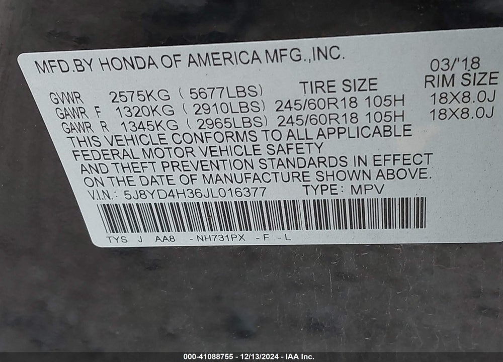 2018 ACURA MDX VIN: 5J8YD4H36JL016377