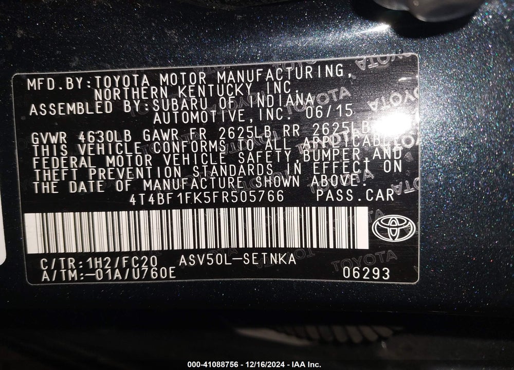2015 TOYOTA CAMRY LE VIN: 4T4BF1FK5FR505766