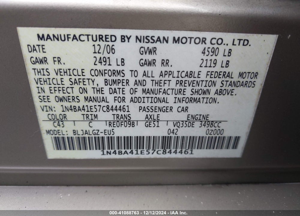 2007 NISSAN MAXIMA 3.5 SL VIN: 1N4BA41E57C844461