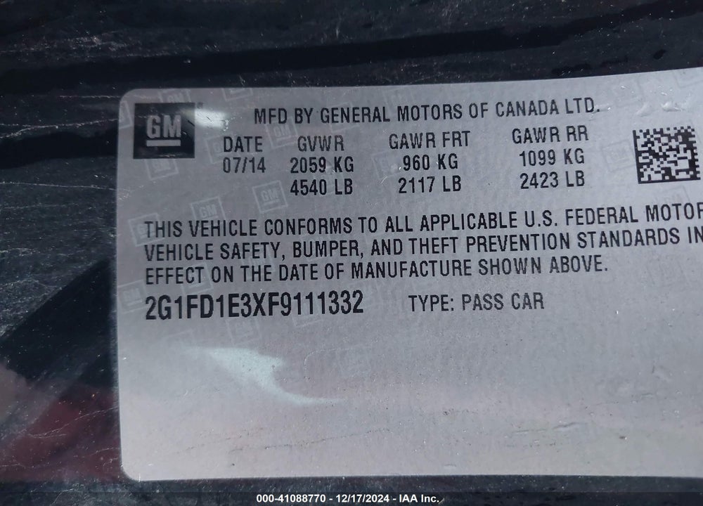 2015 CHEVROLET CAMARO VIN: 2G1FD1E3XF9111332