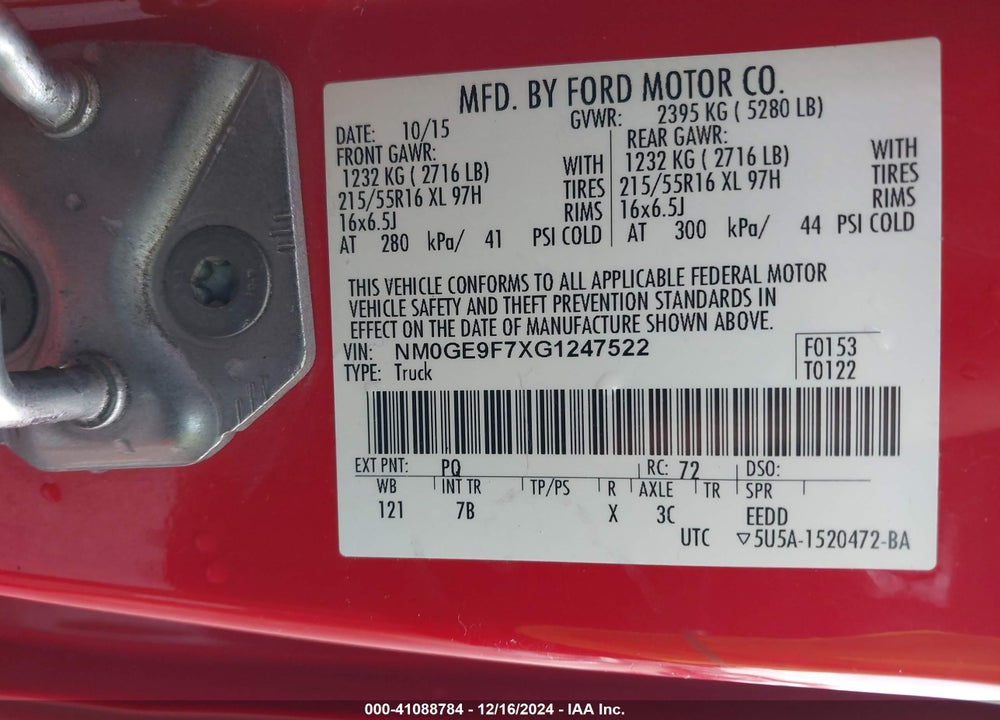 2016 FORD TRANSIT CONNECT XLT VIN: NM0GE9F7XG1247522