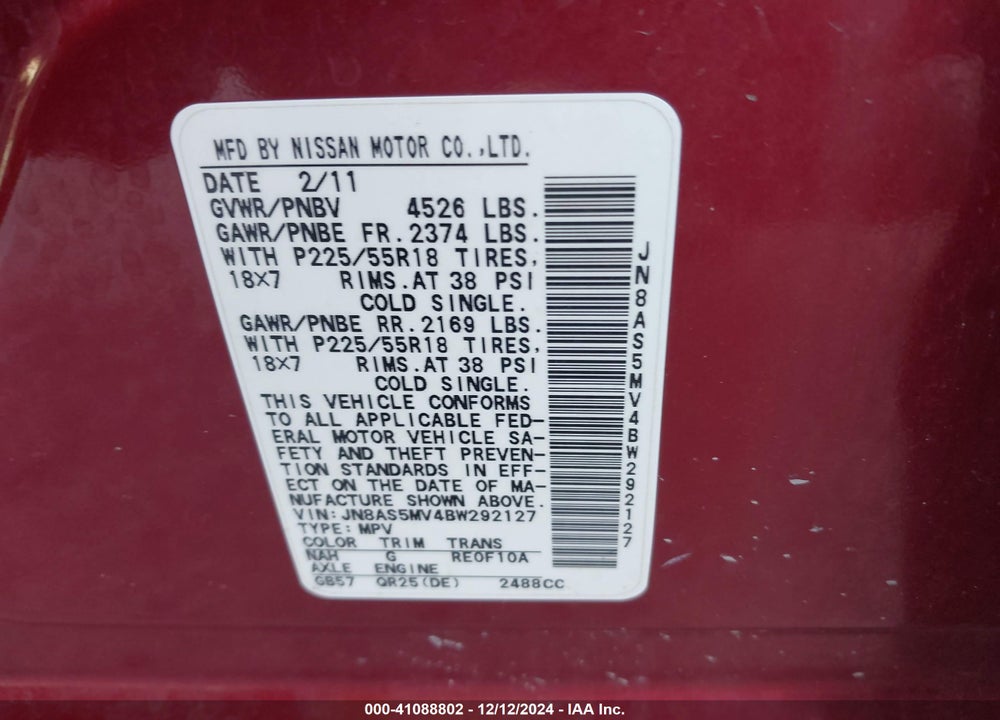 2011 NISSAN ROGUE SV VIN: JN8AS5MV4BW292127